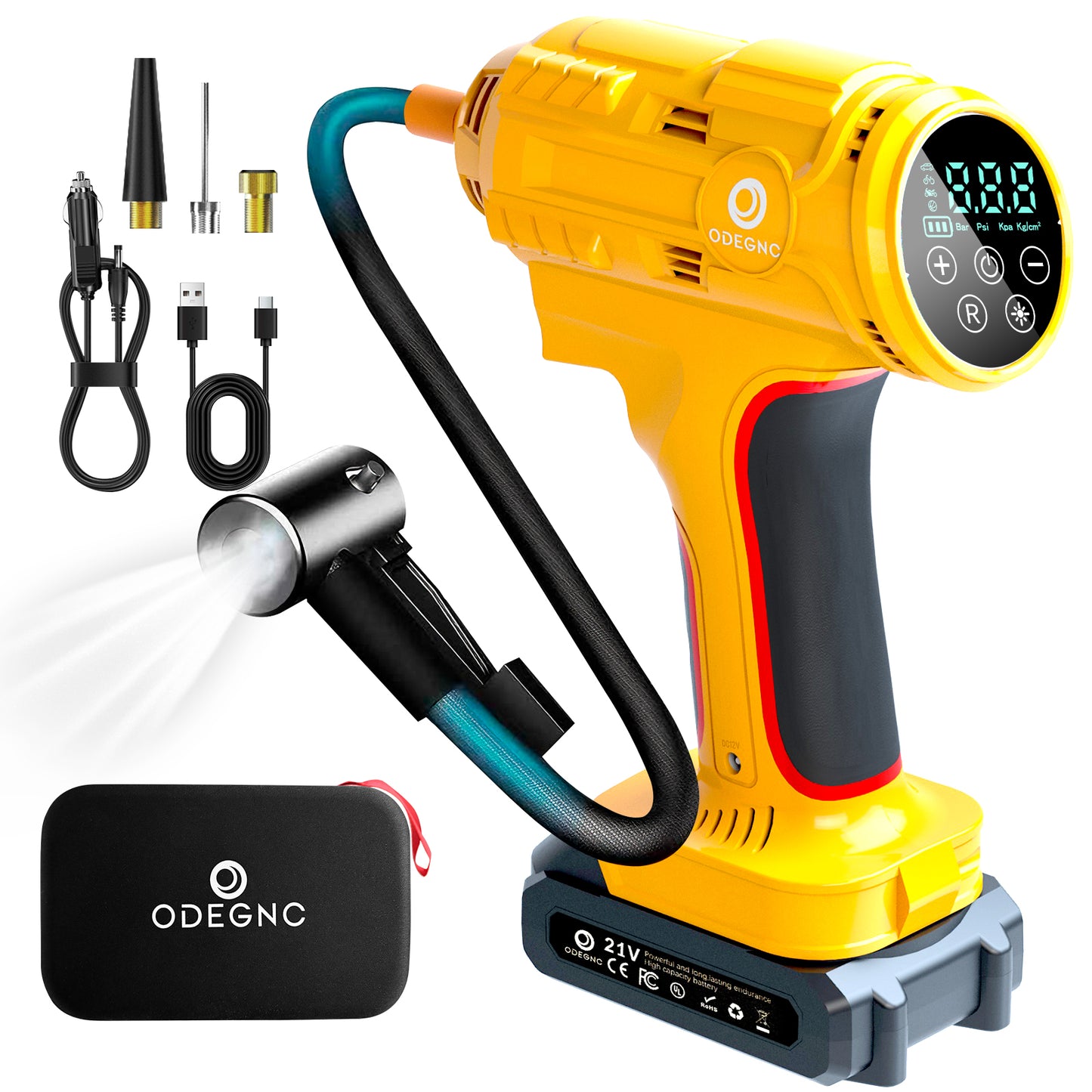 ODEGNC Portable Tire Inflator, 160 PSI Cordless Air Compressor for Car, SUV, Bike and Ball, – Black / Red / Yellow / Sakura Pink