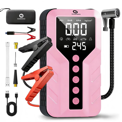 ODEGNC 6000A Portable Jump Starter with Air Compressor, 12V Car Battery Booster, 150 PSI, 25000mAh, – Sakura Pink / Red / Pink / Rose Gold