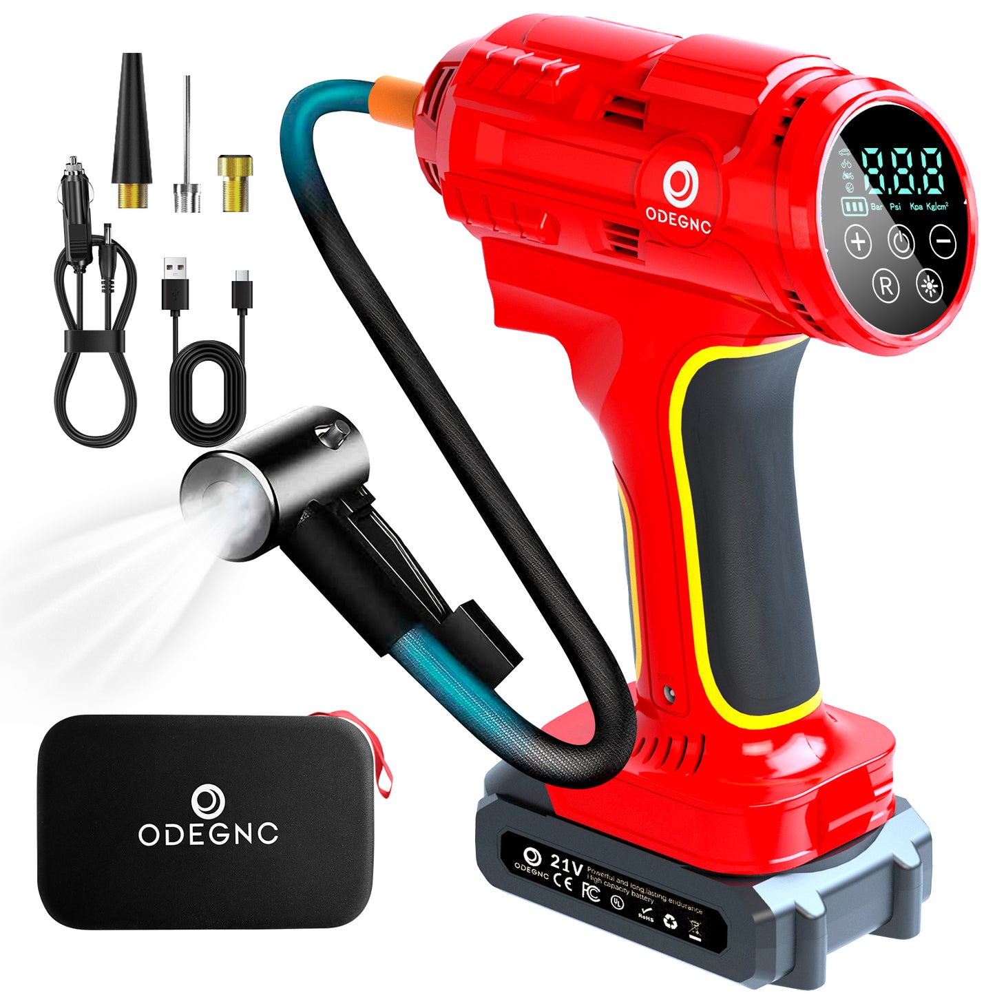 ODEGNC Portable Tire Inflator, 160 PSI Cordless Air Compressor for Car, SUV, Bike and Ball, – Black / Red / Yellow / Sakura Pink